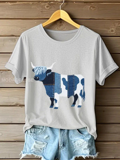 Kvinnor Denim Highland Cow T-shirt ljusgrå / S
