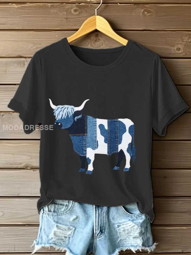 Kvinnor Denim Highland Cow T-shirt svart / S