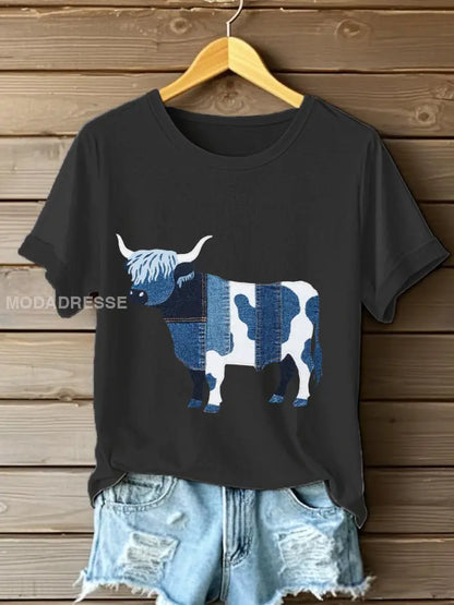 Kvinnor Denim Highland Cow T-shirt svart / S