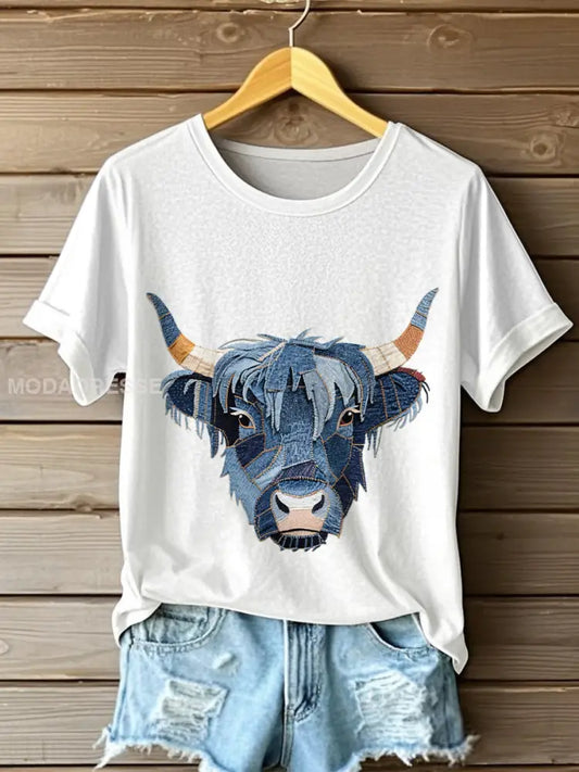 Kvinnor Denim Highland Cow T-shirt vitt / S