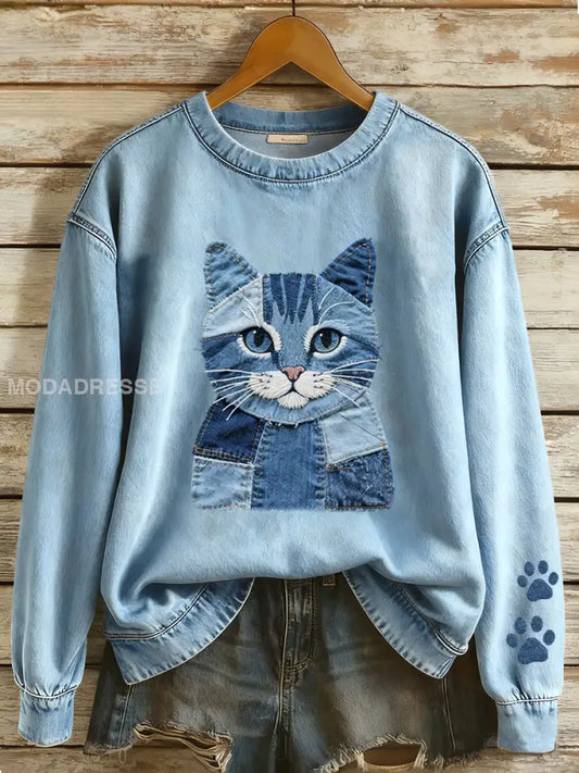 Kvinnor Denim Patchwork konst katt mönster Sweatshirt blå / S
