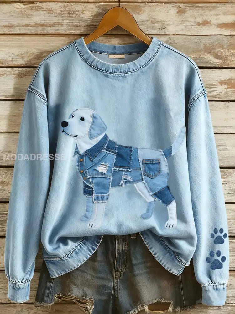Kvinnor Denim Patchwork konst Labrador Retriever Mönster Sweatshirt blå / S
