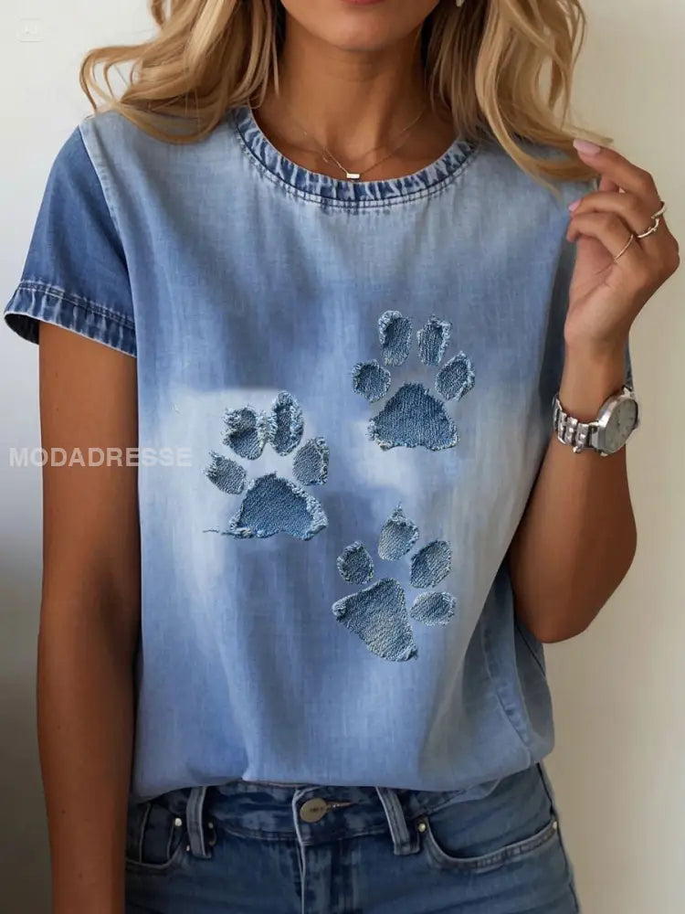 Kvinnor Denim Paw T-shirt blå / S