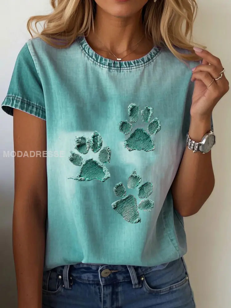 Kvinnor Denim Paw T-shirt blågrön / S