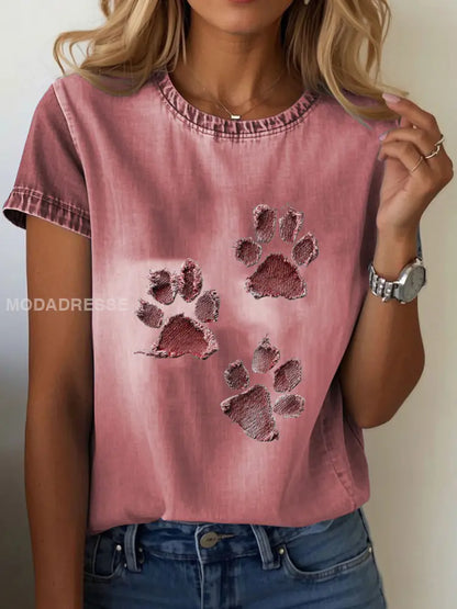 Kvinnor Denim Paw T-shirt Djupröd / S