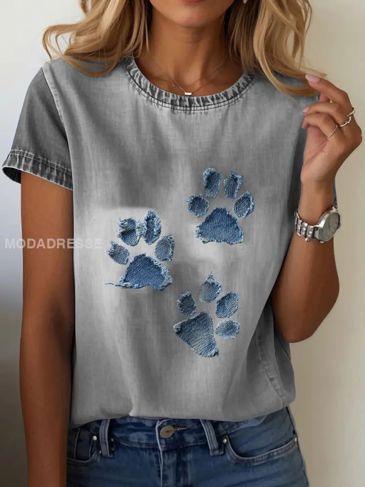 Kvinnor Denim Paw T-shirt ljusgrå / S