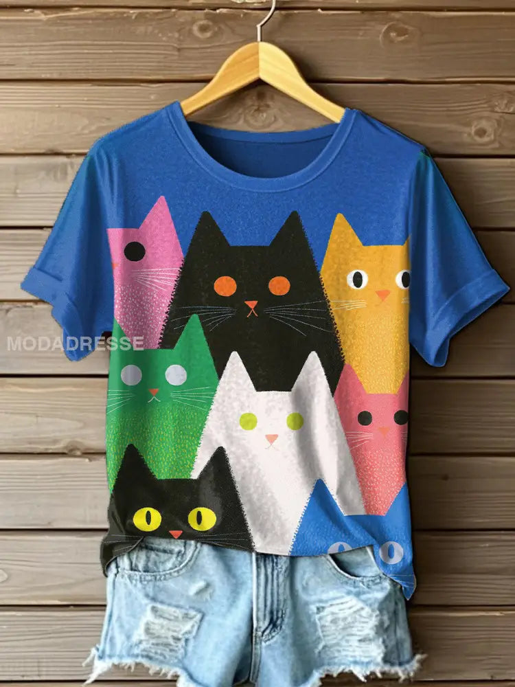 Kvinnor färgglada katt konst Skriv ut T-shirt som bild / S
