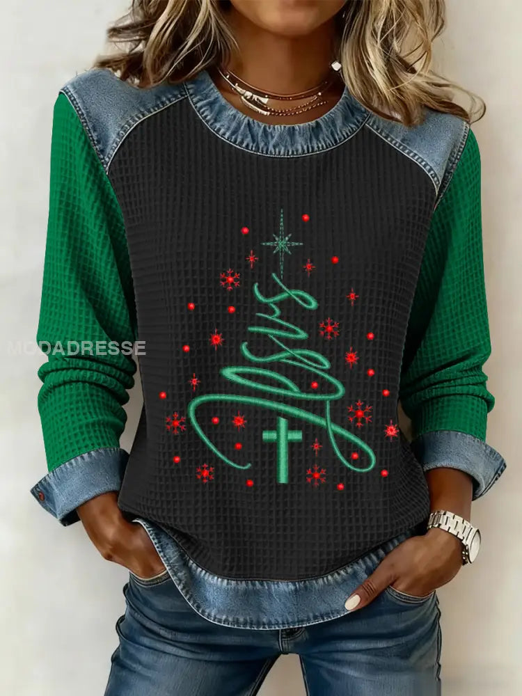 Kvinnor God Jul Jesus Kors Julgran Konst tryckt Casual Våffle Topp svart / S