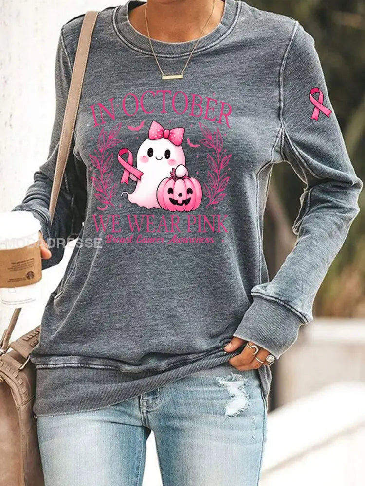 Kvinnor i oktober bär vi rosa tryckt Casual Sweatshirt grå / S