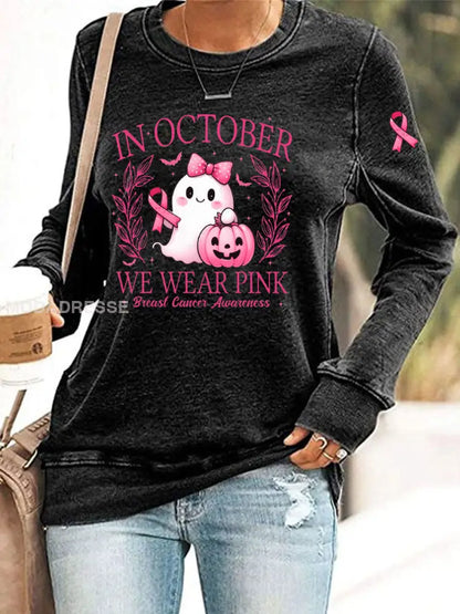 Kvinnor i oktober bär vi rosa tryckt Casual Sweatshirt svart / S