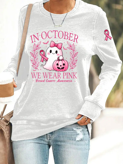 Kvinnor i oktober bär vi rosa tryckt Casual Sweatshirt vit / S