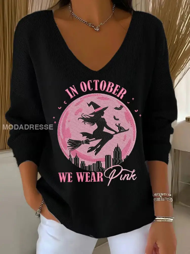 Kvinnor i oktober bär vi rosa tryckta Casual Topp svart / S