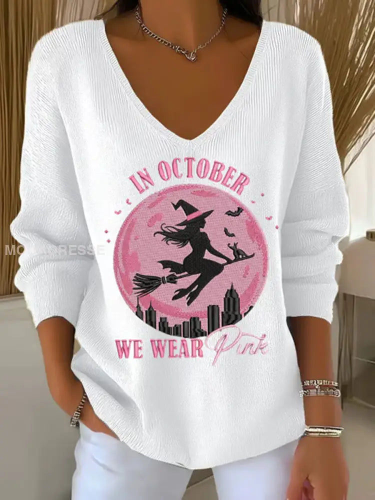 Kvinnor i oktober bär vi rosa tryckta Casual Topp vitt / S