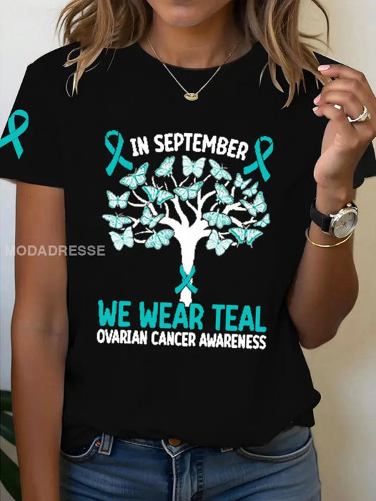 Kvinnor I september bär vi Teal äggstockscancer medvetenhet T shirt svart / S