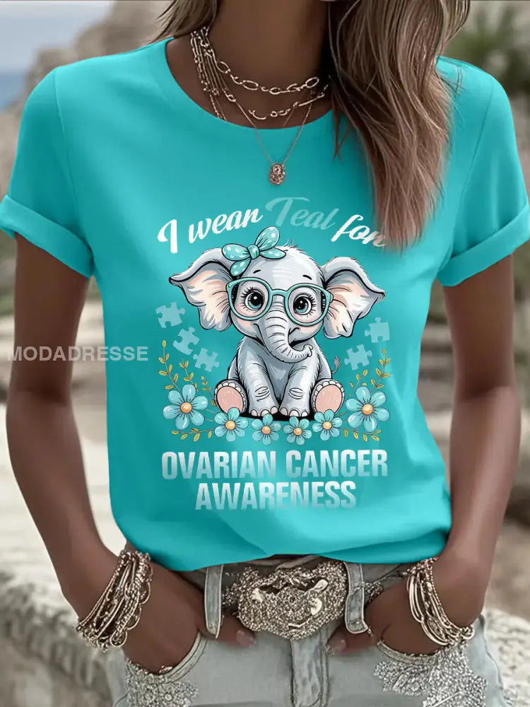 Kvinnor jag bär teal för äggstockscancer medvetenhet Elefant Print Tee blå grön / S