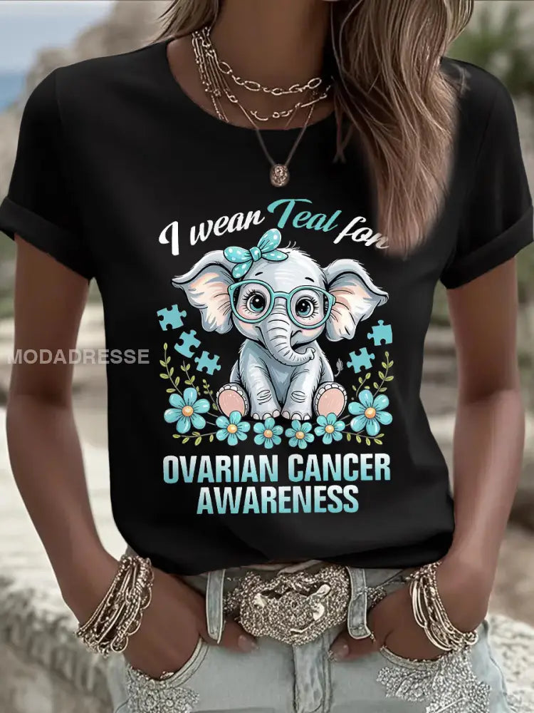 Kvinnor jag bär teal för äggstockscancer medvetenhet Elefant Print Tee svart / S