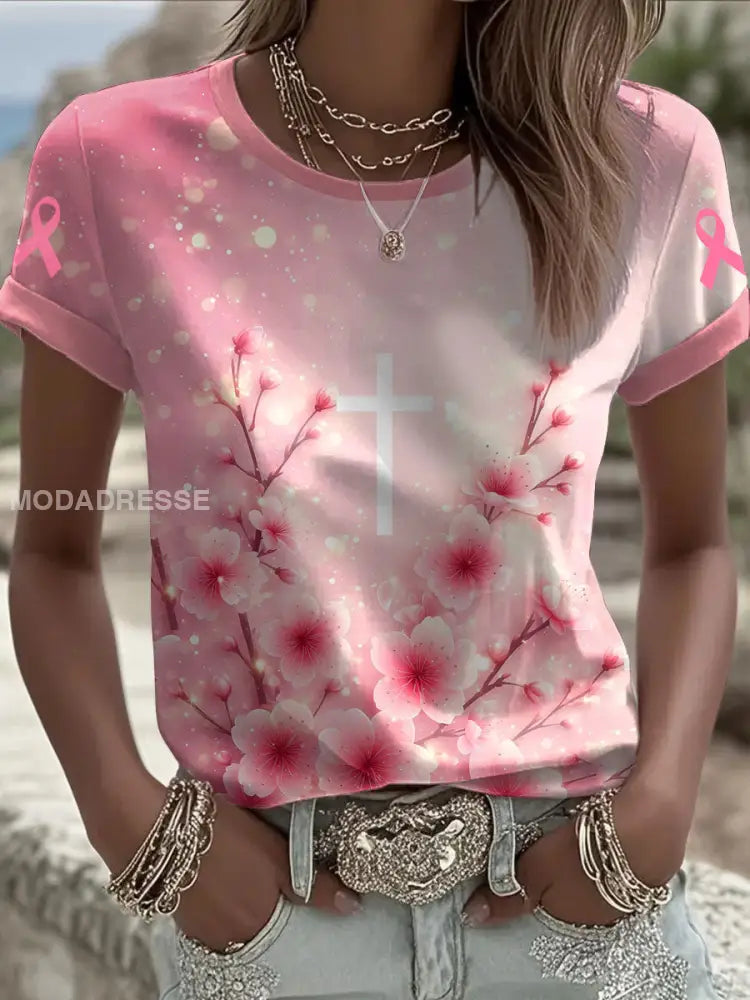 Kvinnor korskörsbärsblomma rosa bröstcancer medvetenhet T shirt som bild / S