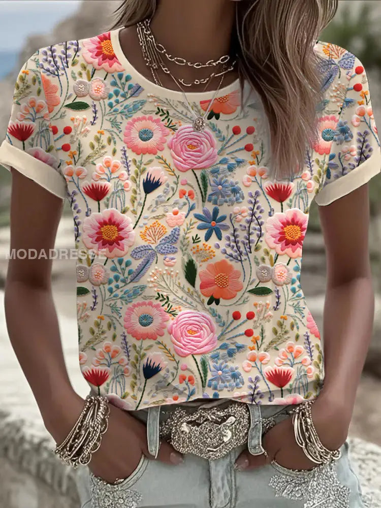 Kvinnor Pink Floral kortärmad T shirt som bild / S