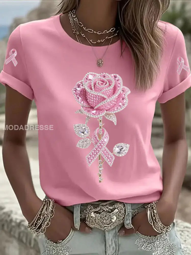 Kvinnor Pink Floral Print Casual T shirt rost / S