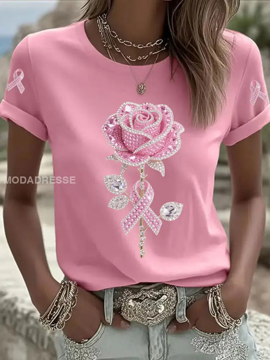 Kvinnor Pink Floral Print Casual T shirt rost / S