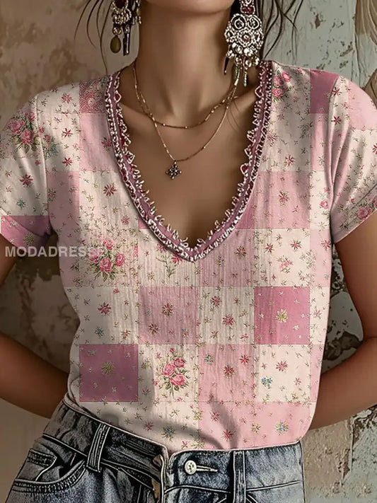 Kvinnor Pink Floral Print Casual T shirt runk / S