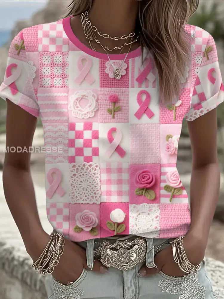 Kvinnor Pink Floral Print Casual T shirt runk / S