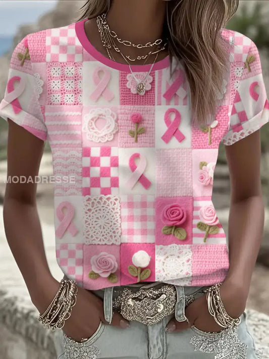 Kvinnor Pink Floral Print Casual T shirt runk / S