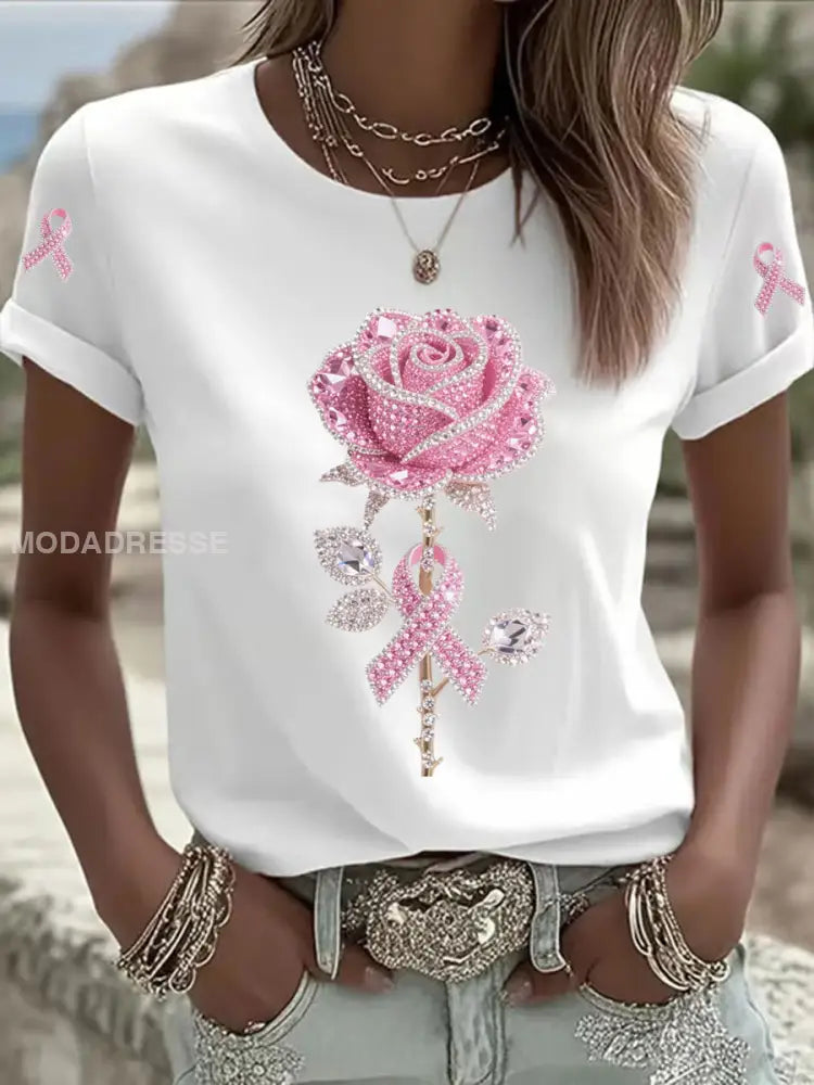 Kvinnor Pink Floral Print Casual T shirt vit / S