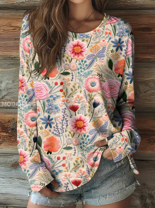 Kvinnor Pink Floral runt hals lång ärm T shirt som bild / S