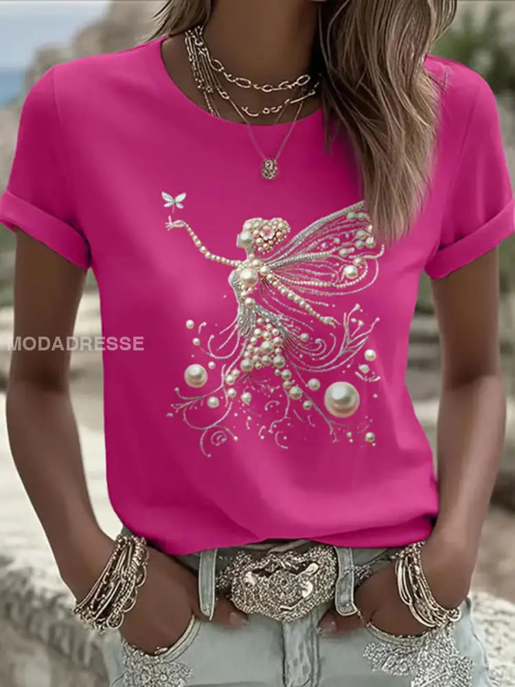 Kvinnor Pink Pearl Print Casual T shirt rosröd / S