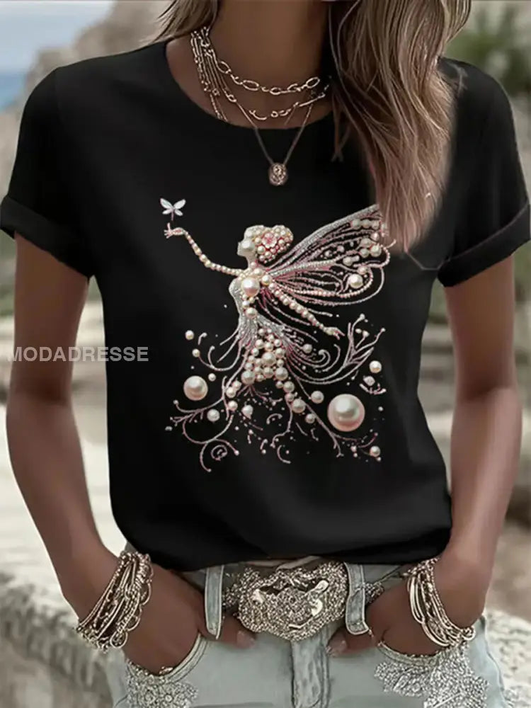 Kvinnor Pink Pearl Print Casual T shirt svart / S