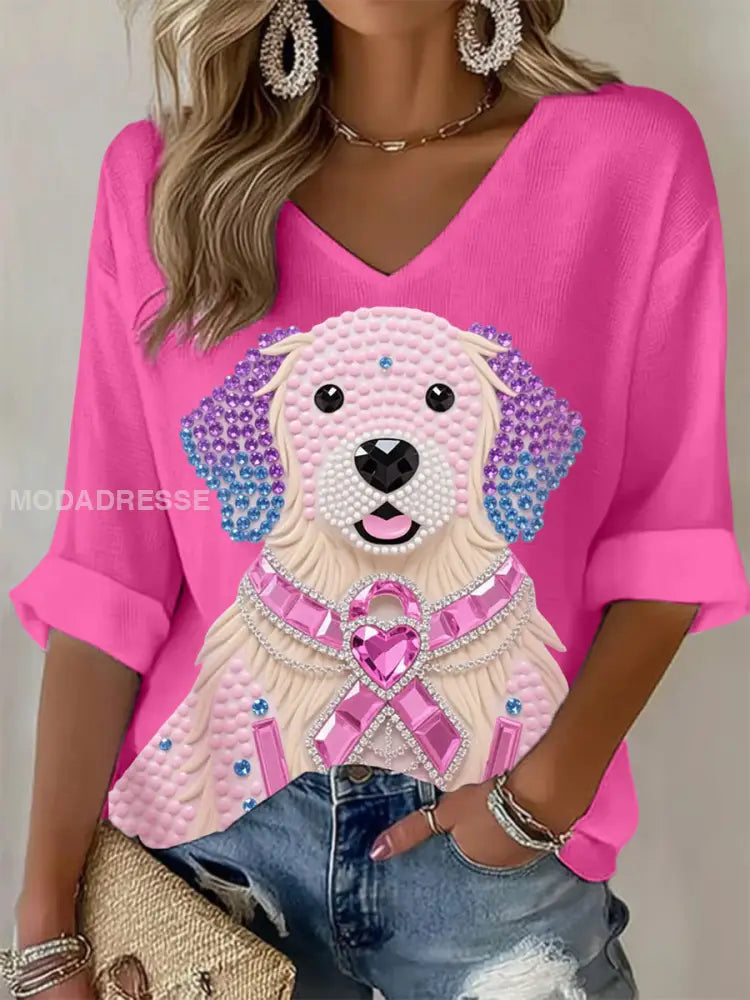 Kvinnor Pink Rhinestone Hund Pink Ribbon Skriv ut Bröstcancer medvetenhet Support Långärm Topp rosrött / S