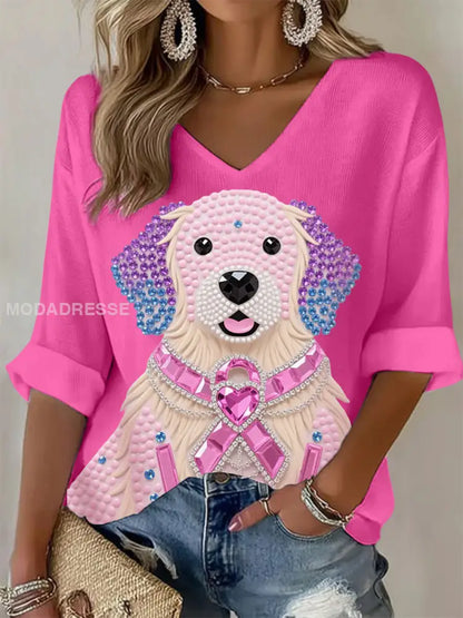 Kvinnor Pink Rhinestone Hund Pink Ribbon Skriv ut Bröstcancer medvetenhet Support Långärm Topp rosrött / S