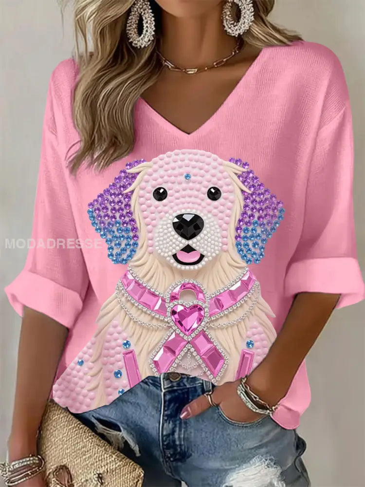 Kvinnor Pink Rhinestone Hund Pink Ribbon Skriv ut Bröstcancer medvetenhet Support Långärm Topp runt / S