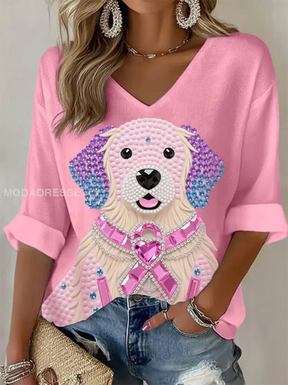 Kvinnor Pink Rhinestone Hund Pink Ribbon Skriv ut Bröstcancer medvetenhet Support Långärm Topp runt / S