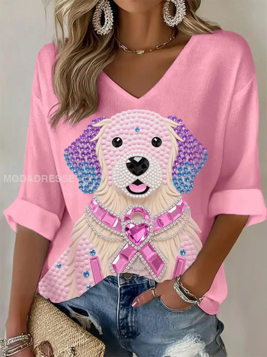 Kvinnor Pink Rhinestone Hund Pink Ribbon Skriv ut Bröstcancer medvetenhet Support Långärm Topp runt / S