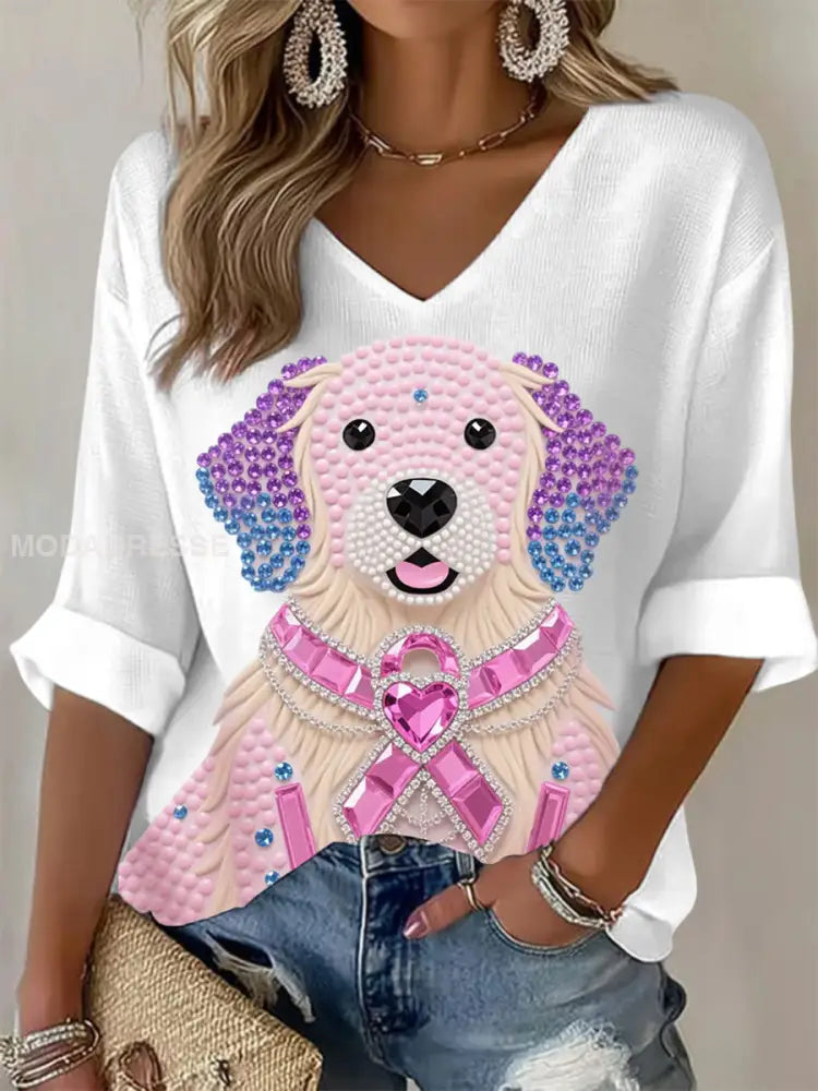 Kvinnor Pink Rhinestone Hund Pink Ribbon Skriv ut Bröstcancer medvetenhet Support Långärm Topp vitt / S