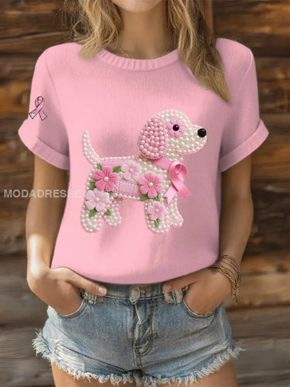 Kvinnor Pink Ribbon Pearl Dog Print Casual T shirt ljusrosa / S