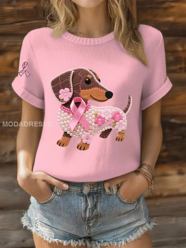 Kvinnor Pink Ribbon Pearl Dog Print Casual T shirt ljusrosa / S