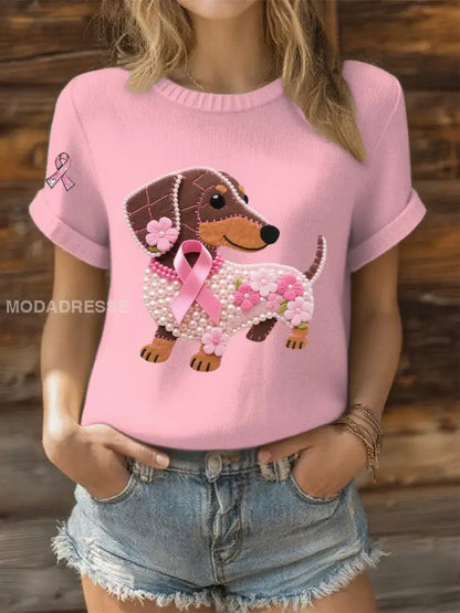 Kvinnor Pink Ribbon Pearl Dog Print Casual T shirt ljusrosa / S