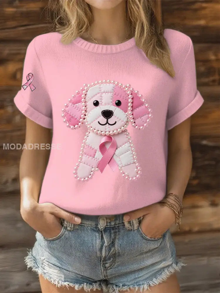 Kvinnor Pink Ribbon Pearl Dog Print Casual T shirt ljusrosa / S