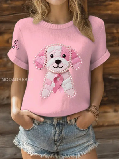 Kvinnor Pink Ribbon Pearl Dog Print Casual T shirt ljusrosa / S