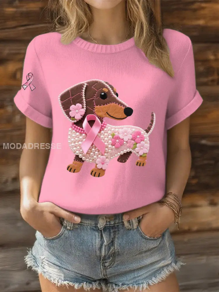 Kvinnor Pink Ribbon Pearl Dog Print Casual T shirt rosa / S