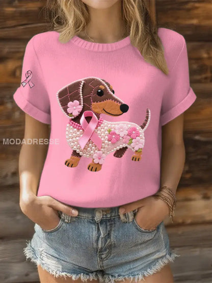 Kvinnor Pink Ribbon Pearl Dog Print Casual T shirt rosa / S