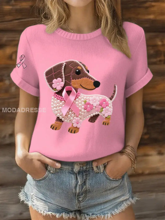 Kvinnor Pink Ribbon Pearl Dog Print Casual T shirt rosa / S