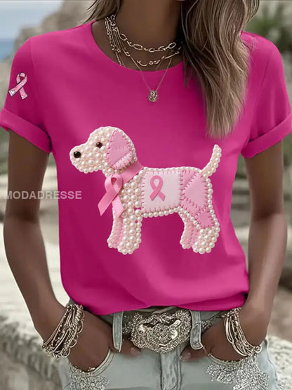 Kvinnor Pink Ribbon Pearl Dog Print Casual T shirt rosröd / S