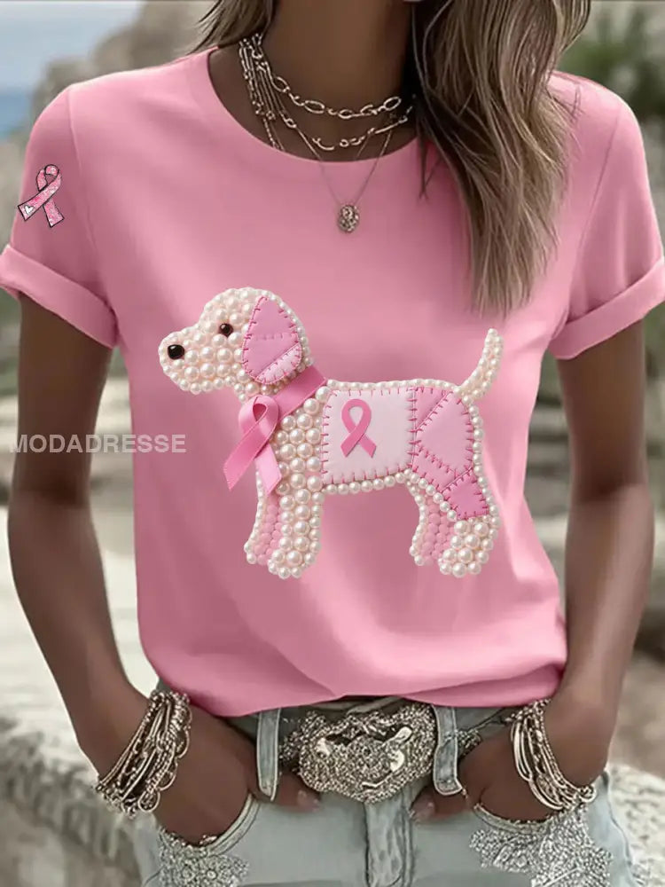 Kvinnor Pink Ribbon Pearl Dog Print Casual T shirt rost / S