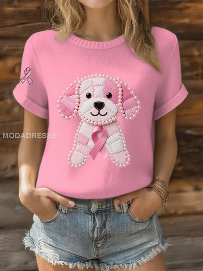 Kvinnor Pink Ribbon Pearl Dog Print Casual T shirt runk / S