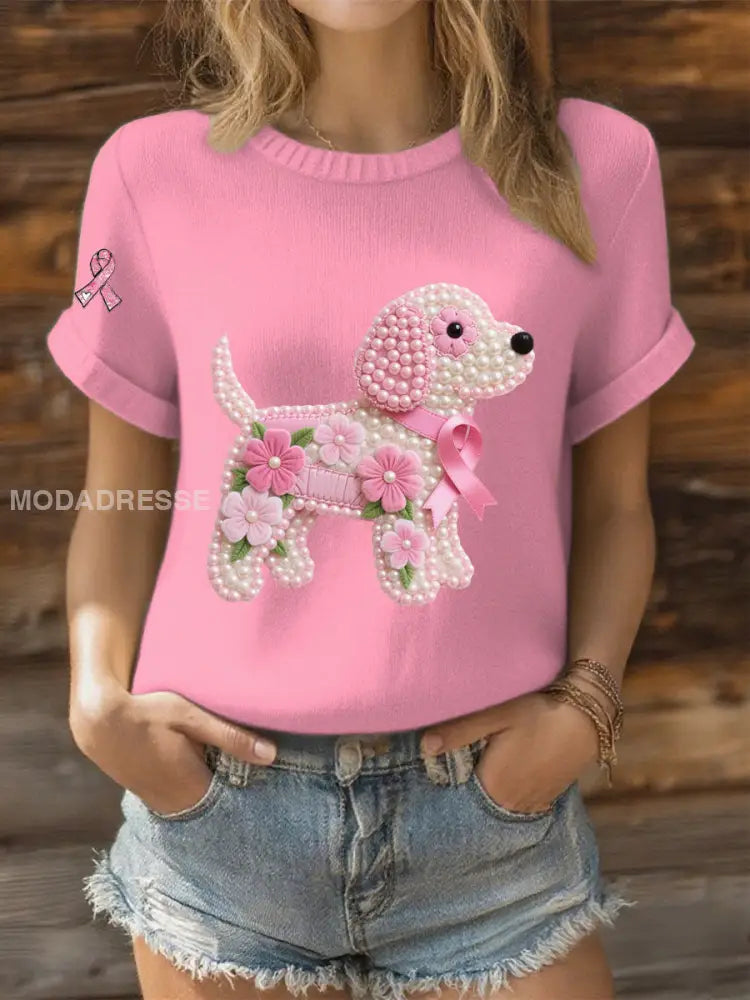 Kvinnor Pink Ribbon Pearl Dog Print Casual T shirt runk / S