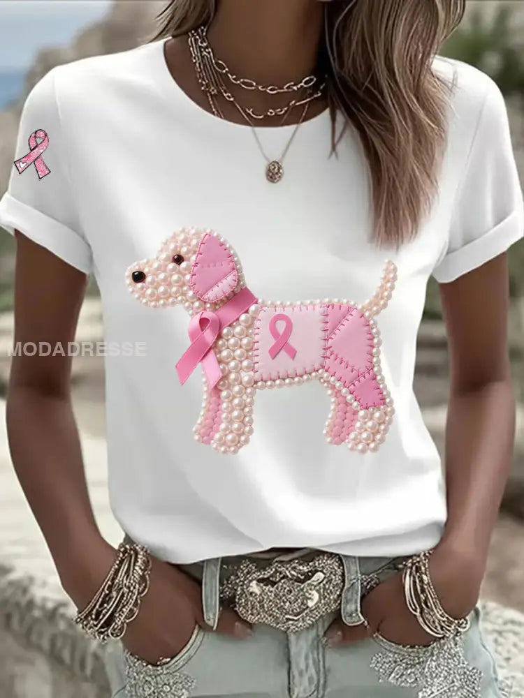 Kvinnor Pink Ribbon Pearl Dog Print Casual T shirt vit / S